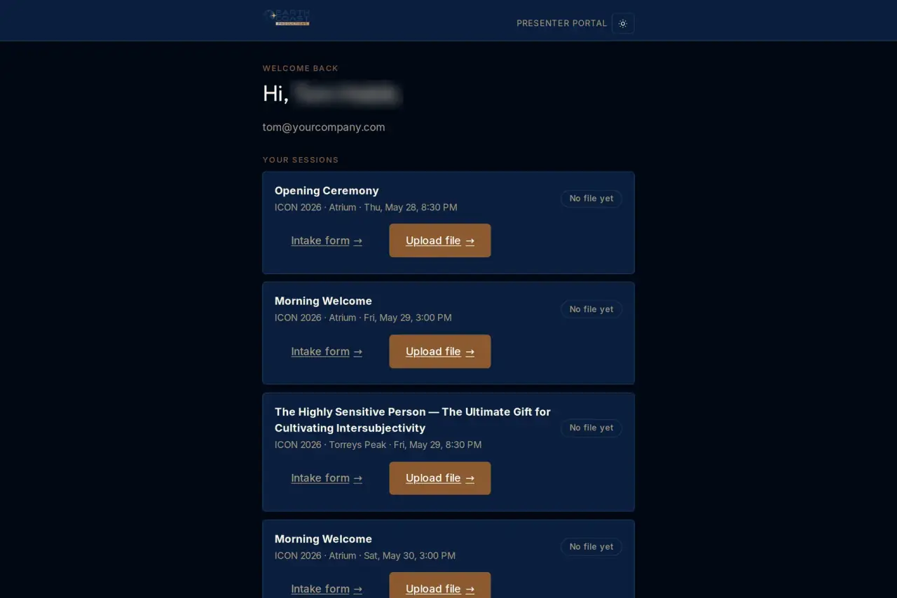 The ECP Lectern presenter portal: a speaker's sessions, each with an intake form and an upload button