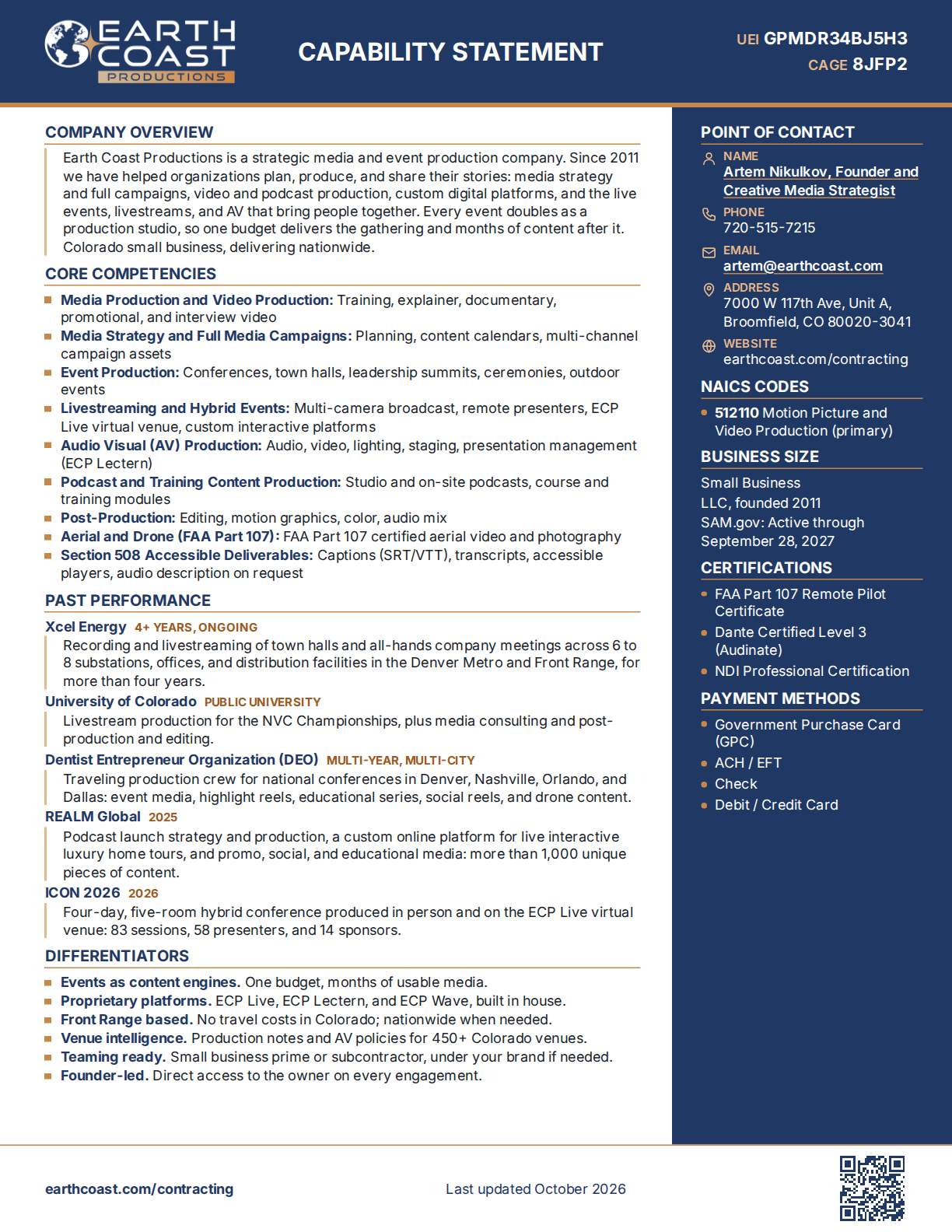 Preview of the Earth Coast Productions one-page Capability Statement